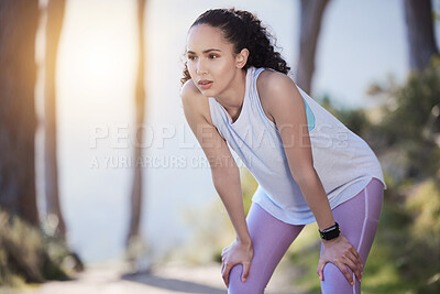 Buy stock photo Woman, break and breathing in outdoor fitness, nature and workout for health and wellness. Female person, morning cardio and relax for exercise or training for marathon, athlete and rest in forest