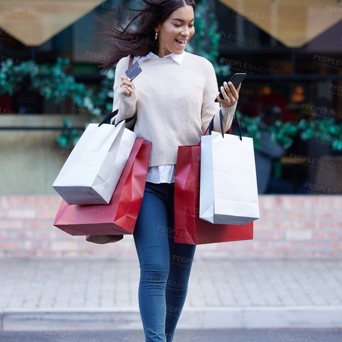 Buy stock photo Phone, credit card and woman with shopping bags in city with posh, rich and luxury lifestyle. Fashion, young and female person walking in town after sale purchase from store and online retail shop.