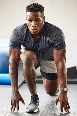 Buy stock photo Fitness, exercise and black man in a gym, training and workout goal with wellness, health and breathing. Male person, guy or athlete in a recreation center, sports and commitment with a challenge