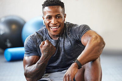 Buy stock photo Fitness, cheering and portrait of man in a gym after success or complete workout. Sports, motivation and African male athlete with fist pump for bodybuilding or strength arm exercise in sport center.