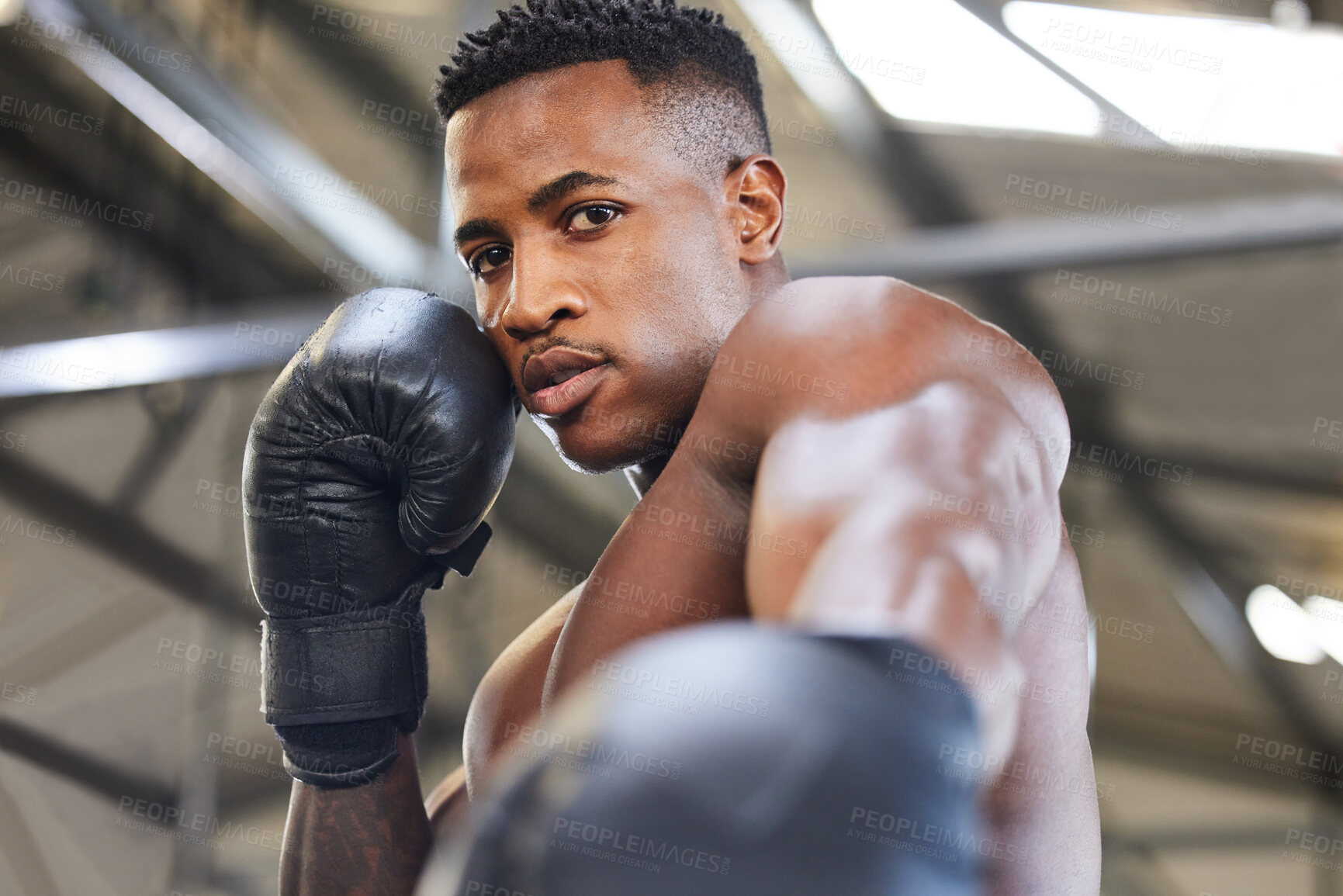 Buy stock photo African man, boxing and punch in portrait for fitness, focus or training at gym for growth, goal and competition. African guy, boxer and gloves for exercise, wellness and martial arts club for sports