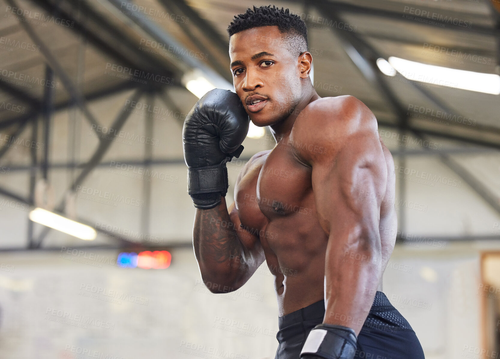 Buy stock photo African man, boxing and punching in portrait for fitness, focus or training at gym for growth, goal and competition. African guy, boxer and gloves for exercise, wellness and martial arts for sports