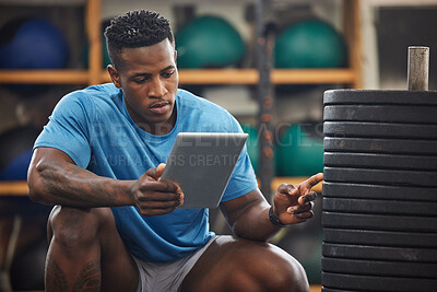 Buy stock photo Gym inspection, exercise equipment and man with tablet,
weights for muscle training and personal trainer. Check, admin with tech gadget and African male manager at fitness studio doing inventory