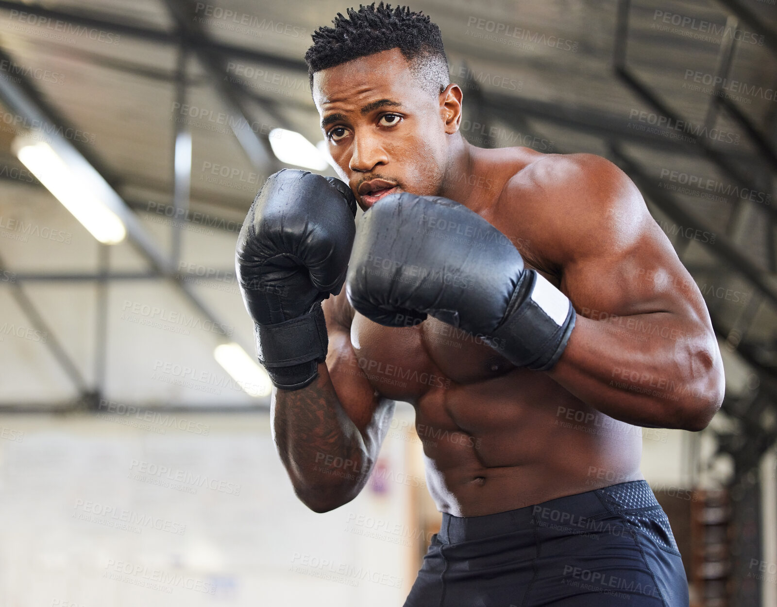 Buy stock photo African man, boxing and punch in gym for fitness, focus or training for growth, goal and wellness for competition. African guy, boxer and gloves for exercise, wellness or martial arts club for sports