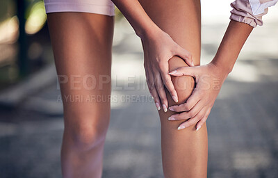 Buy stock photo Fitness, injury and hands of a woman with knee pain from running, cardio strain and discomfort. Sports accident, cramp and an athlete feeling legs for muscle problem or fracture while training