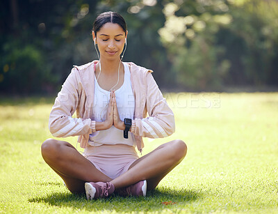 Buy stock photo Meditate, woman and music for fitness in park, mindfulness and relax with smile as routine. Audio, female person and exercise for spiritual balance, strength and mental health for wellness in nature