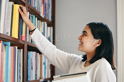 Buy stock photo University, woman and student in library, searching and school with education, smile and knowledge. Happy person, college and girl with novel, literature and bookshelf with scholarship and studying