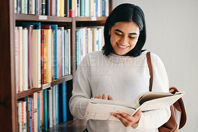 Buy stock photo Book, woman and student in library, searching and school with education, novel and knowledge. Happy person, college and girl with studying, literature and research with scholarship and university
