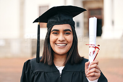 Buy stock photo Diploma, certificate and portrait of a woman graduate with success or achievement on college or university campus. Graduation, happy and young person or student with an education scholarship