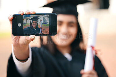 Buy stock photo Selfie, certificate and woman with phone in graduation event due to success or achievement on college or university campus. Graduate, happy and young person or student with an education scholarship
