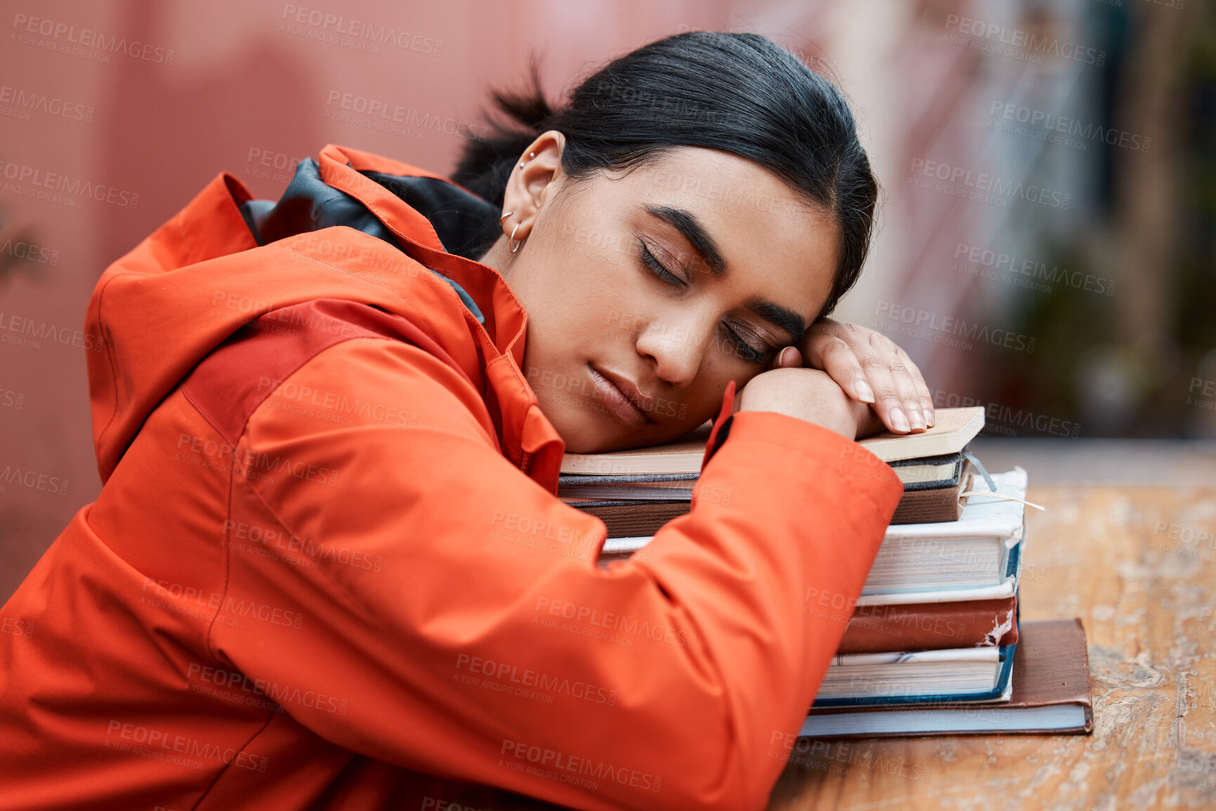 Buy stock photo Sleeping, books and woman at table in library for education, tired or exhausted from studying. School, female person and university student for fatigue, rest or burnout for college examination