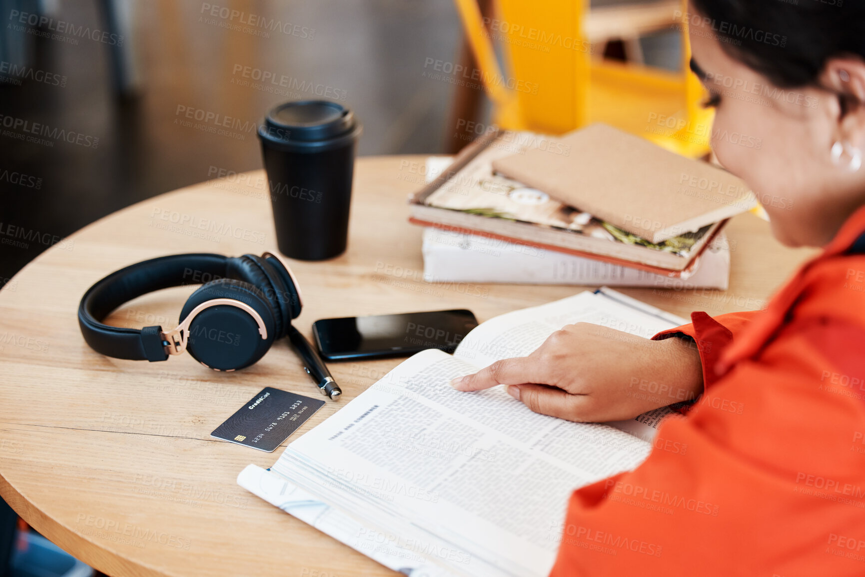 Buy stock photo Student, hand and library with book on table for education, knowledge and research on assignment. English, literature and girl with textbook at campus for information, learning or studying at college