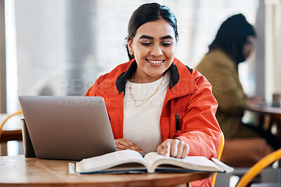 Buy stock photo Girl, laptop and cafe with book on table for knowledge, education and research for assignment. University, campus and student with textbook on desk in scholarship, learning or studying for exam