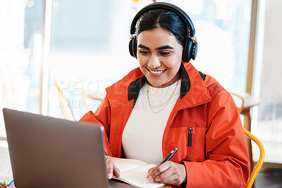 Buy stock photo Cafe, laptop and student writing notes in restaurant for education, studying or online learning. University, college and woman on computer with books for knowledge, research or project in coffee shop