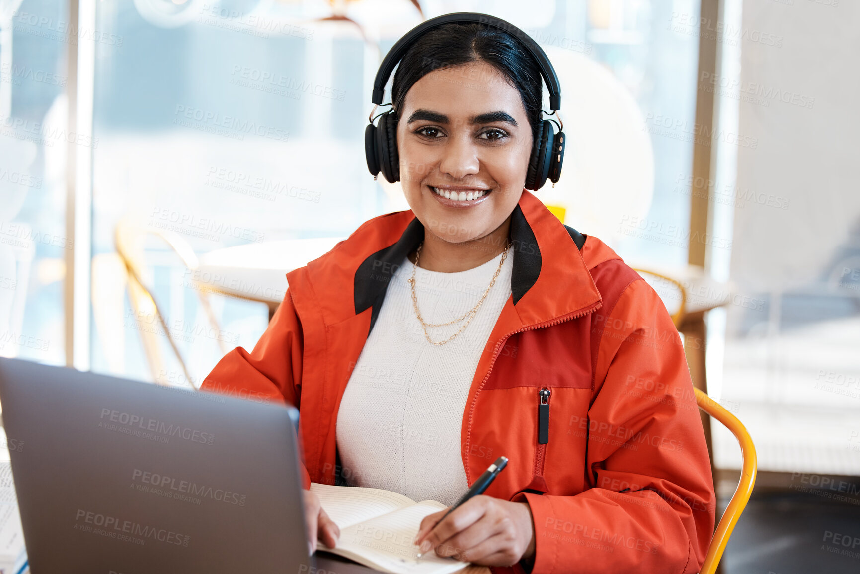 Buy stock photo Cafe, laptop and portrait of girl with notebook in restaurant for education, studying or online learning. University, college and student on computer for knowledge, research or project in coffee shop