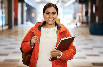 Buy stock photo Books, portrait and study of student Indian girl on campus for learning at college or university. Bag, education and smile with happy academy pupil at school for development, knowledge or scholarship