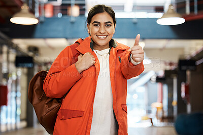 Buy stock photo Education, portrait and thumbs up of student Indian girl on campus for learning at college or university. Bag, smile and study with academy pupil at school for knowledge, scholarship or thank you