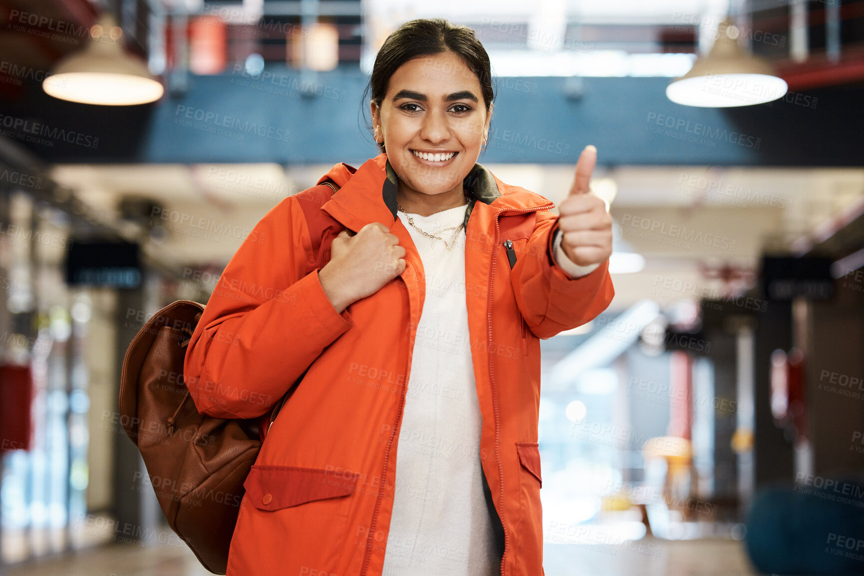 Buy stock photo Education, portrait and thumbs up of student Indian girl on campus for learning at college or university. Bag, smile and study with academy pupil at school for knowledge, scholarship or thank you