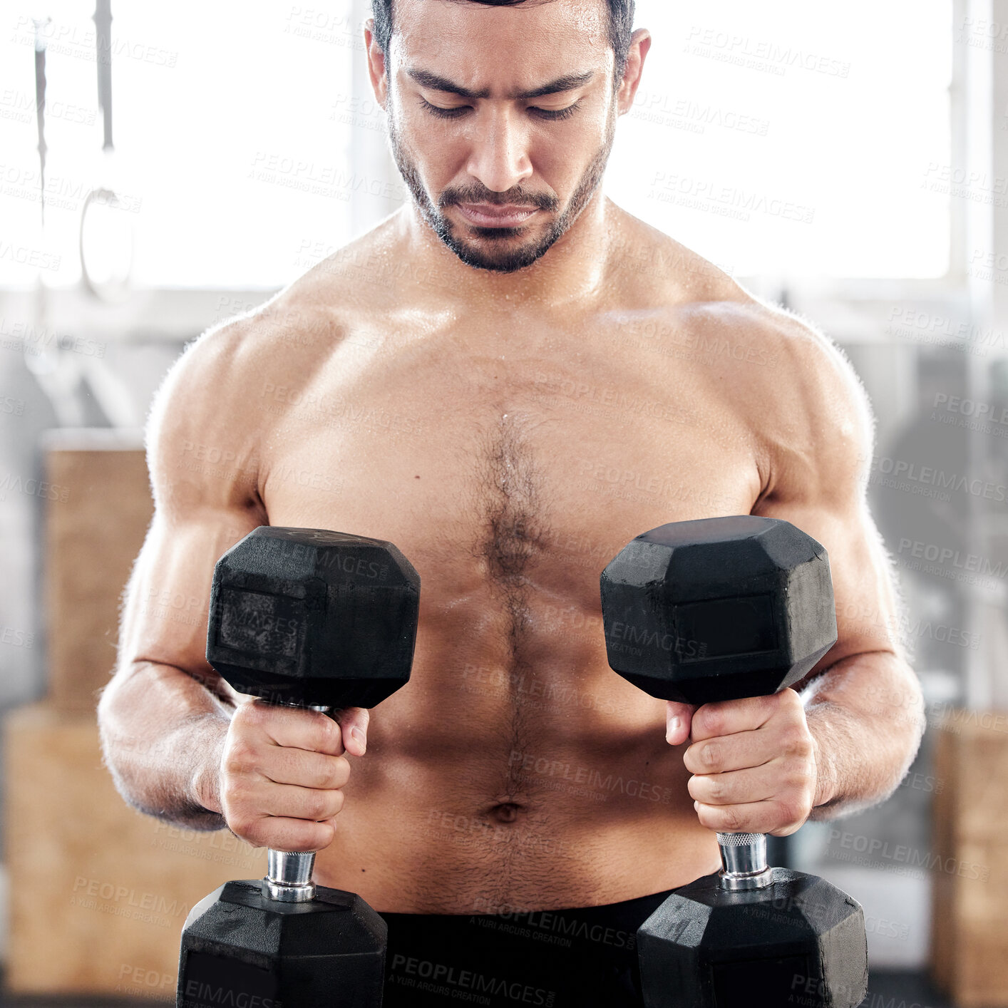 Buy stock photo Shot of a young man working out with dumbbells in a gym