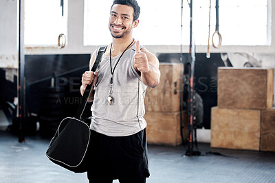 Buy stock photo Portrait, thumbs up and happy man in gym with bag for sports goals, fitness target and training. Face, like hand gesture and Asian athlete with emoji for support, success and thank you for exercise.