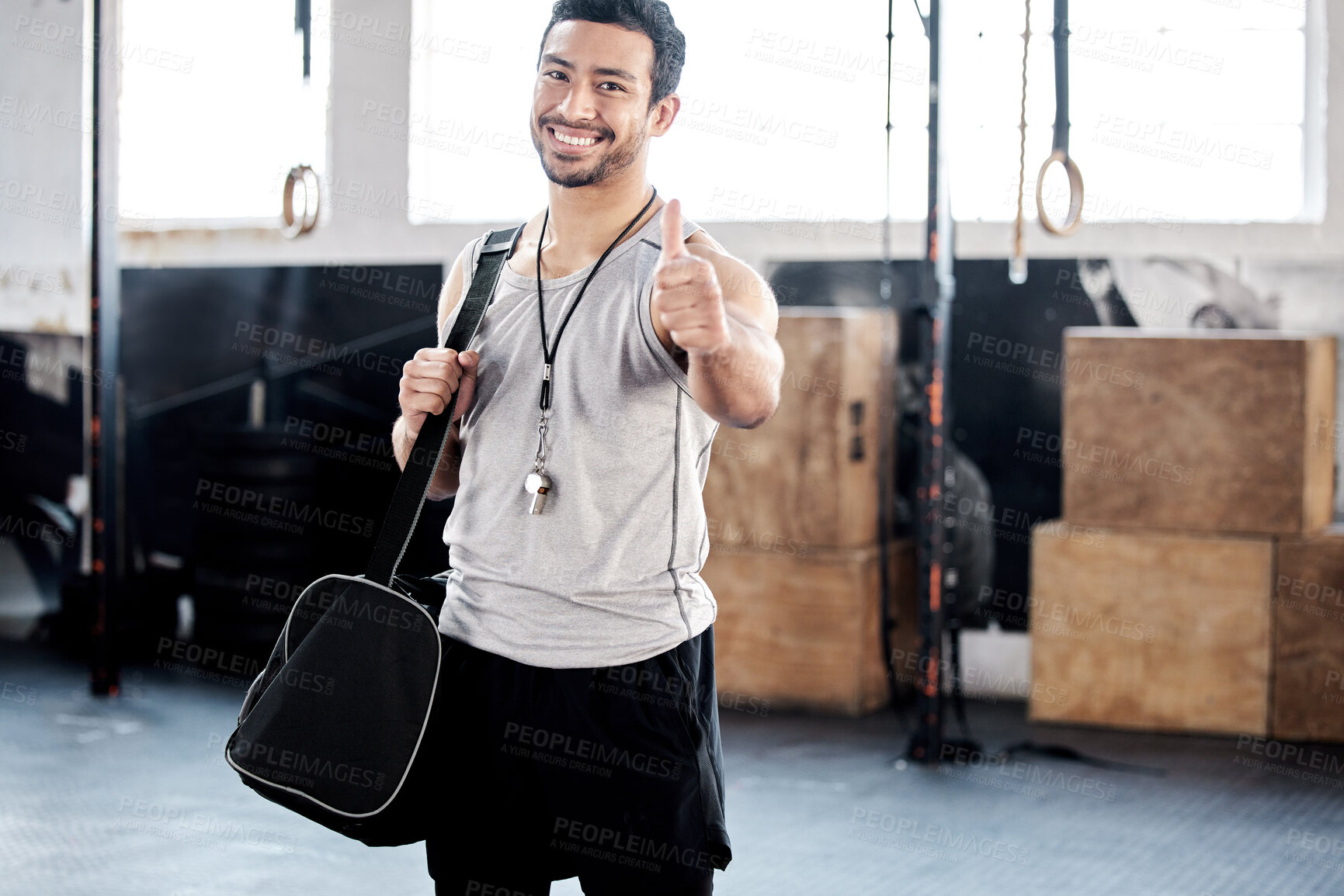 Buy stock photo Portrait, thumbs up and happy man in gym with bag for sports goals, fitness target and training. Face, like hand gesture and Asian athlete with emoji for support, success and thank you for exercise.