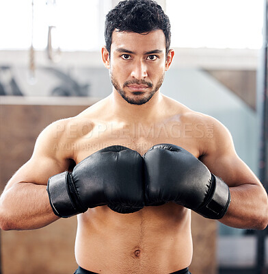 Buy stock photo Portrait, boxer and serious man in gym for exercise, battle and training for fight. Face, boxing and male athlete, fighter or sports person workout, fitness and practice for martial arts challenge.