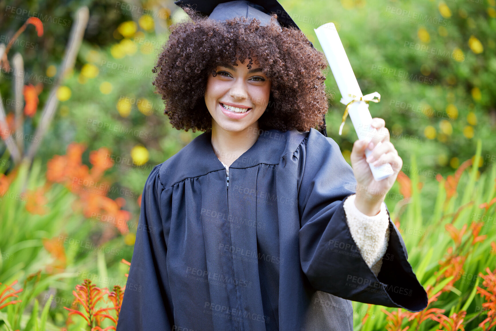 Buy stock photo University, graduation and portrait of  happy woman with diploma for education, achievement or success ceremony on campus. Student, bokeh and person with certificate for satisfaction, smile or event