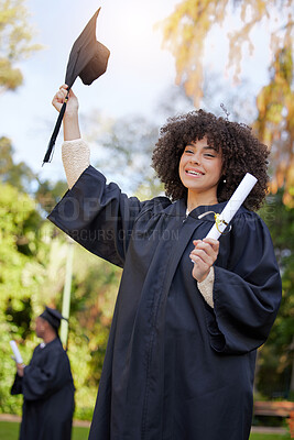 Buy stock photo Graduation, success and woman student or graduate celebrate an achievement on university or college campus. Happy, happiness and person with a certificate, scholarship or diploma from education event