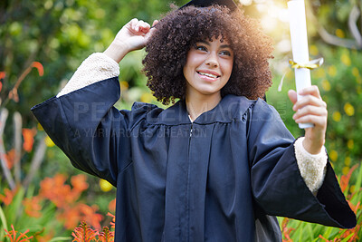 Buy stock photo Graduation, achievement and woman student or graduate celebrate success on university or college campus. Happy, happiness and person with a certificate, scholarship or diploma from education event