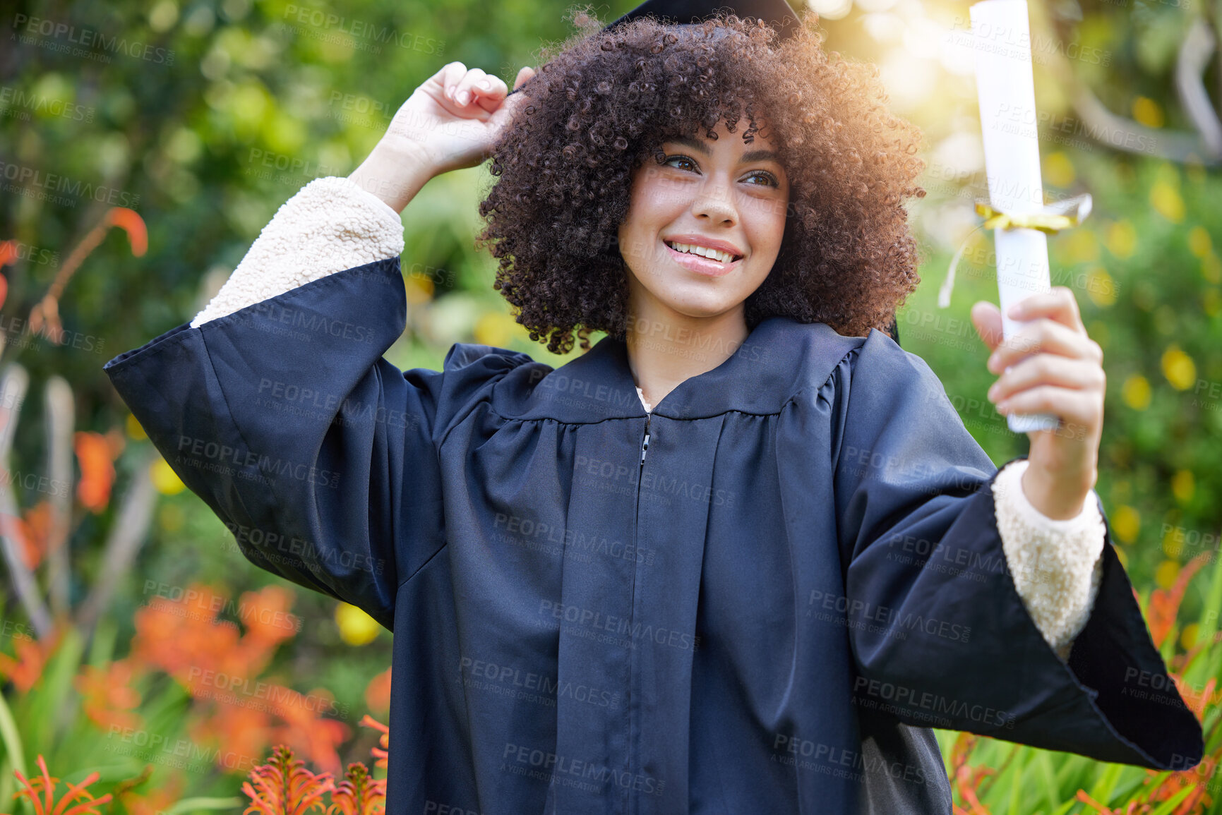 Buy stock photo Graduation, achievement and woman student or graduate celebrate success on university or college campus. Happy, happiness and person with a certificate, scholarship or diploma from education event