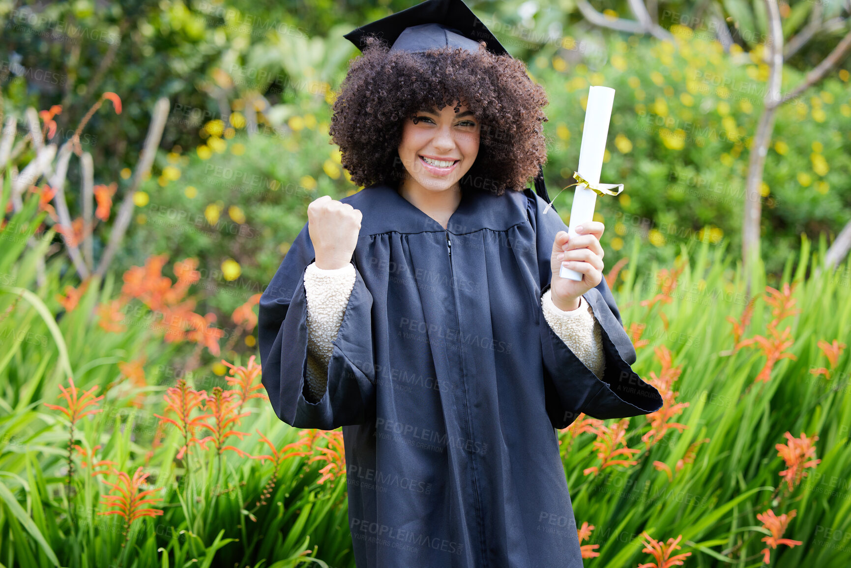 Buy stock photo Graduation, celebrate and portrait of woman student or graduate with achievement on university or college campus. Happy, happiness and person with a certificate, scholarship or diploma from education