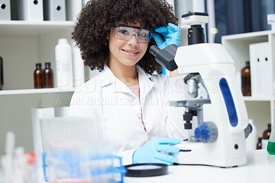 Buy stock photo Happy woman, portrait and scientist with microscope for research, testing or experiment in pharmaceutical lab. Female person with smile for scientific search, discover or cure in science laboratory