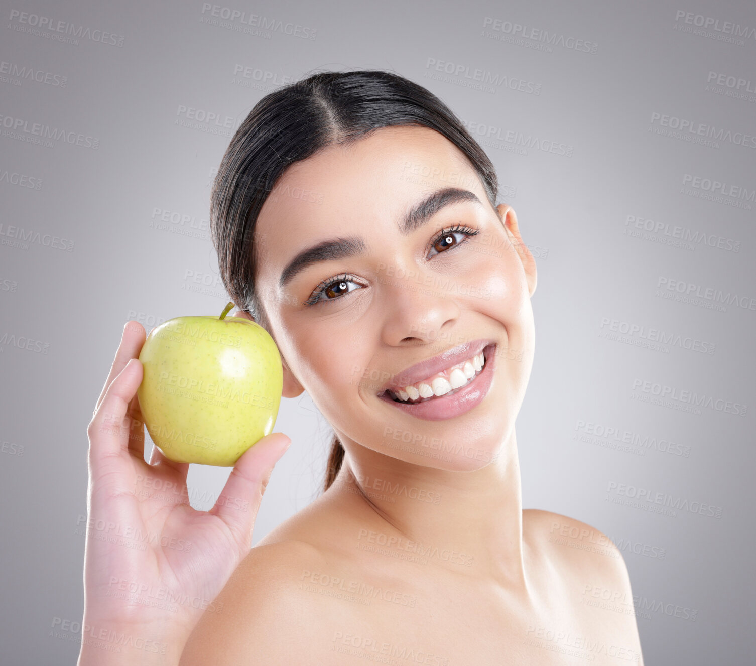 Buy stock photo Apple, beauty and smile with portrait of woman in studio on white background for diet, health or nutrition. Food, fruit or natural skincare and happy model with fresh green produce for organic detox