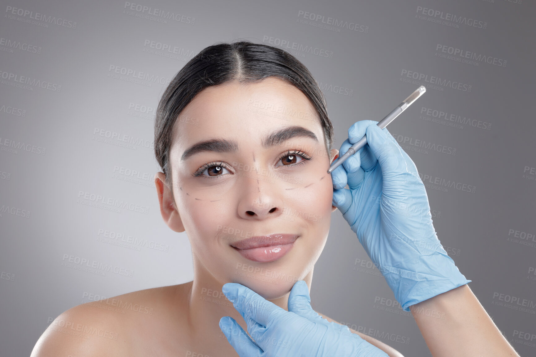 Buy stock photo Woman, portrait and cheek injection in studio, skincare and cosmetic service on gray background. Female person, needle and plastic surgery or treatment, syringe and implant or beauty filler