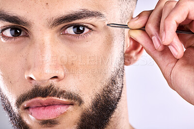 Buy stock photo Man, portrait and tweezers for eyebrow on face in studio, selfcare and personal grooming. Model, hygiene and person plucking for hair removal or beauty, cosmetic and treatment in grey background