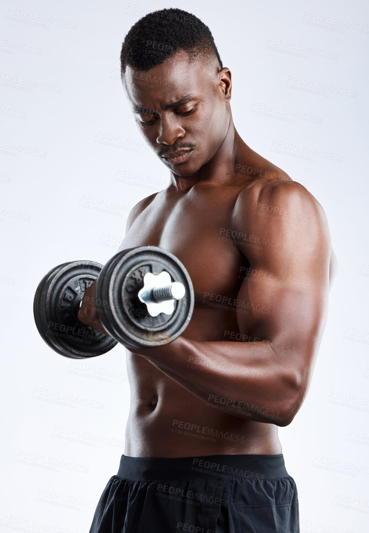 Buy stock photo Black man, dumbbell and arm weightlifting in studio or sport routine for bicep growth, strength or white background. Male person, athlete and equipment or fitness training, performance or bodybuilder