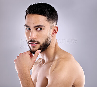 Buy stock photo Man, thinking and studio for cosmetic, wellness and skincare with grooming, beard and body care. Male person, ideas and gray background for health, beauty and dermatology with hygiene, clean or glow