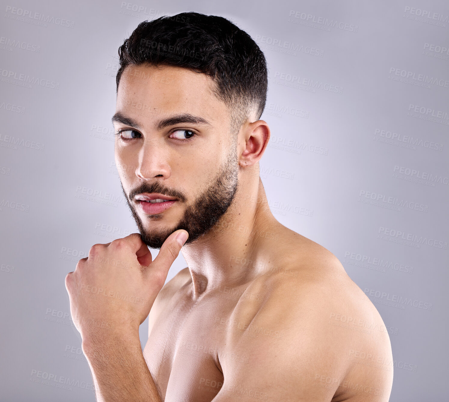 Buy stock photo Man, thinking and studio for cosmetic, wellness and skincare with grooming, beard and body care. Male person, ideas and gray background for health, beauty and dermatology with hygiene, clean or glow