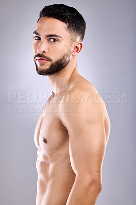 Buy stock photo Man, thinking and studio for grooming, wellness and skincare with cosmetic, beard and body care. Male person, ideas and gray background for health, fitness and dermatology with hygiene, clean or glow