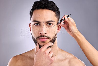 Buy stock photo Face, man and plastic surgery marker for cosmetics in studio isolated on a white background. Facial, operation lines and beauty of male model, dermatology or skincare for serious rhinoplasty portrait