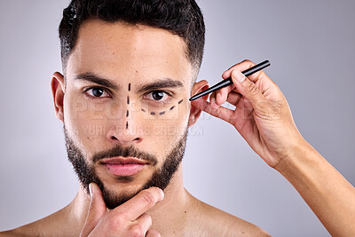 Buy stock photo Man, face and plastic surgery marker for beauty in studio isolated on a white background. Facial, operation lines and cosmetics of male model, dermatology or skincare for serious rhinoplasty portrait