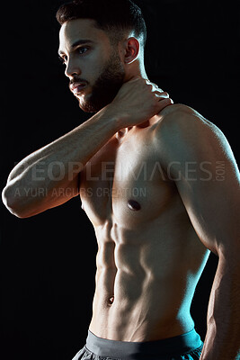 Buy stock photo Healthy, man or athlete touching neck and flexing abs in dark studio background for fitness, workout and wellness. Topless, bodybuilder or male person isolated and thinking of training and exercise