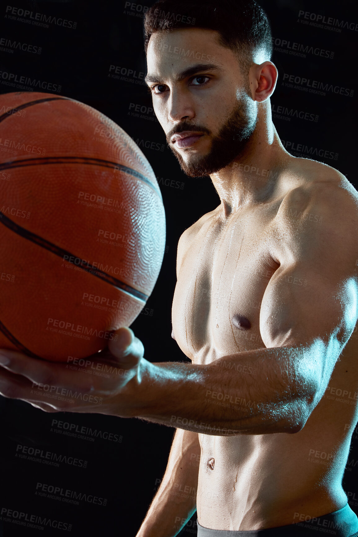 Buy stock photo Man, fitness and sport with basketball for game, match or challenge in studio on a black background. Active male person, athlete or player with ball for exercise, training or health and wellness