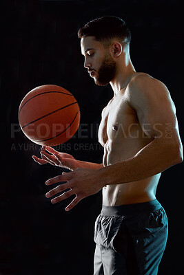 Buy stock photo Man, fitness and profile with basketball for sport game, match or challenge in studio on a black background. Active male person, athlete or player with ball for exercise, training or talent and skill