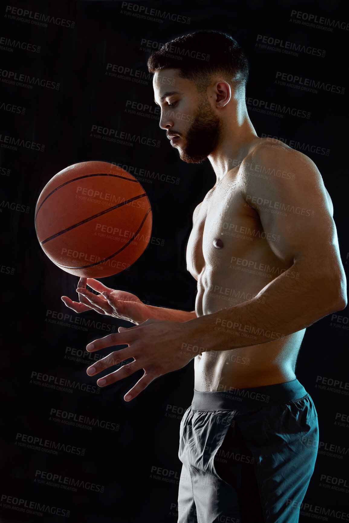 Buy stock photo Man, fitness and profile with basketball for sport game, match or challenge in studio on a black background. Active male person, athlete or player with ball for exercise, training or talent and skill