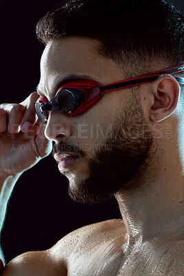 Buy stock photo Goggles, swimmer or man ready for race competition, exercise or training in sports event activity. Start, development or athlete in swimming workout for fitness practice, wellness or cardio routine