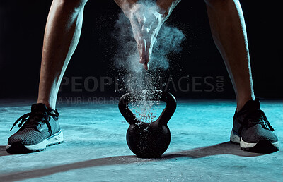 Buy stock photo Studio, hands and chalk with kettlebell for bodybuilding, exercise and arm muscle development. Weightlifting, workout and male bodybuilder in health, fitness or power training on black background