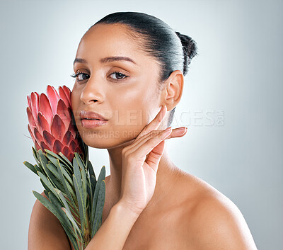 Buy stock photo Portrait, woman and skincare with plant in studio on white background for organic or natural cosmetics. Female person, confident and protea plants for skin glow, smooth and sustainability or wellness