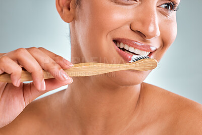 Buy stock photo Dental, closeup and woman with toothbrush in studio for oral hygiene, wellness or teeth whitening on white background. Mouth, smile and hand of model for toothpaste, self care or morning routine