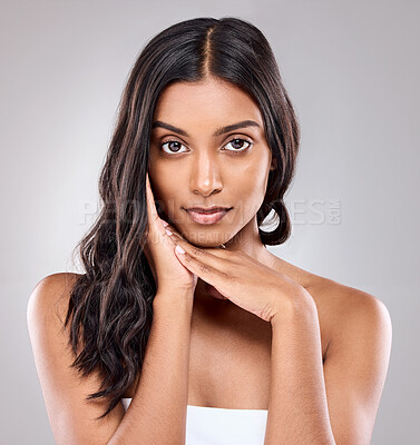 Buy stock photo Portrait, skincare and beauty of Indian woman with hair in studio for health or shine isolated on white background. Face touch, hairstyle and model in makeup cosmetics at hairdresser salon for glow